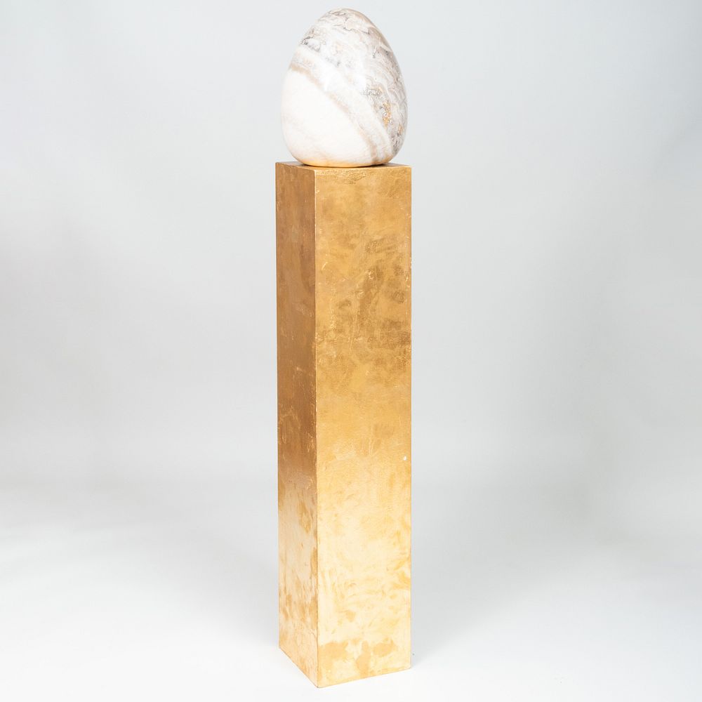 Appraisal: Modern Quartz Egg and Gold Leaf Pedestal The egg x