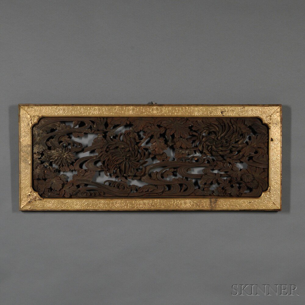 Appraisal: Decorative Openwork Wood Wall Panel China rectangular depicting chrysanthemums and