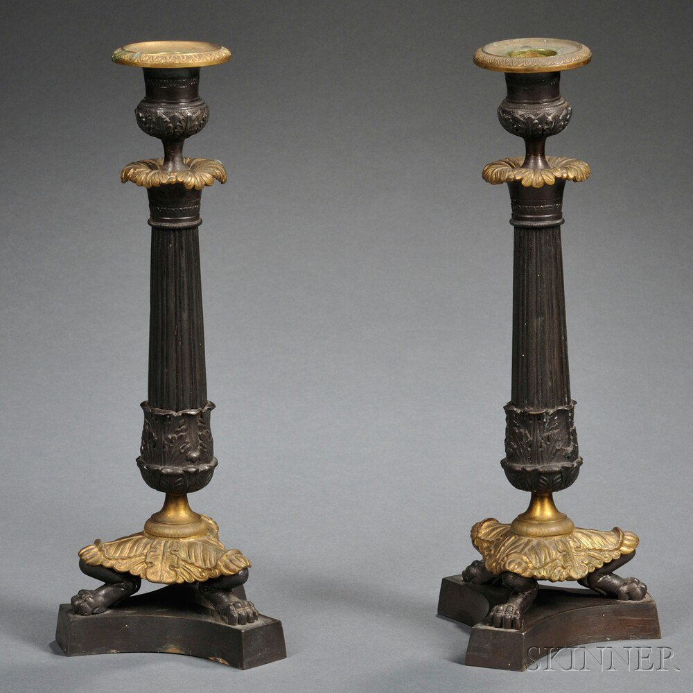 Appraisal: Pair of Neoclassical Gilt-bronze Candlesticks th century foliate trim to