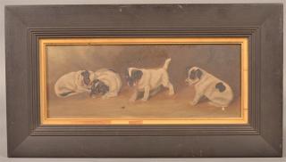 Appraisal: th Cent Painting of Four Puppies and a Spider th