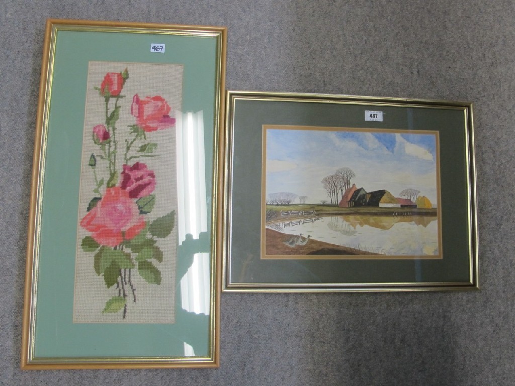 Appraisal: Framed embroidered panel and a water colour of a farm