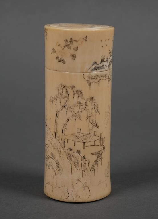 Appraisal: Old Chinese scrimshaw decorated ivory cylindrical box Some polychroming still