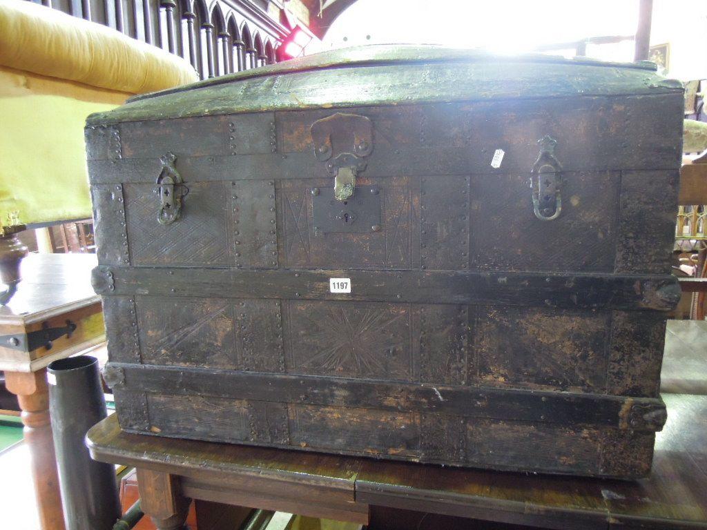 Appraisal: A vintage timber lathe and steel banded domed top travelling