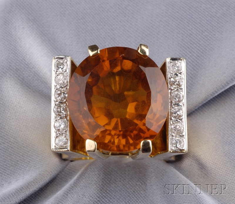 Appraisal: kt Gold Citrine and Diamond Ring the circular-cut citrine measuring