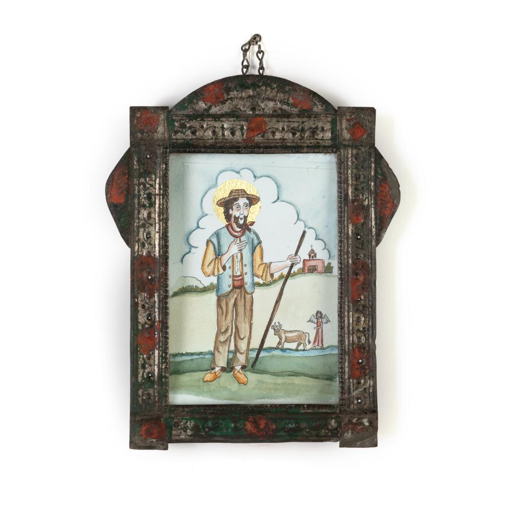 Appraisal: NEW MEXICO PAINTED TIN FRAME CA WITH RETABLO BY MARY