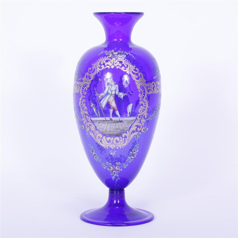 Appraisal: Cobalt Blue Venetian Art Glass Vase with handpainted figures and