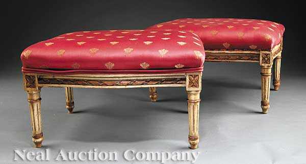 Appraisal: A Pair of Louis XVI-Style Painted and Gilded Footstools early