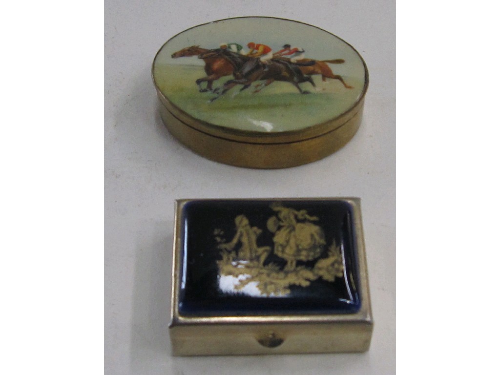 Appraisal: Lot comprising two pill boxes one with horse racing motif