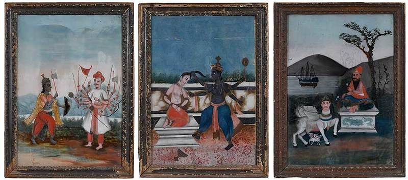 Appraisal: Three Framed Indian Reverse Glass Paintings th th century Kamadhenu