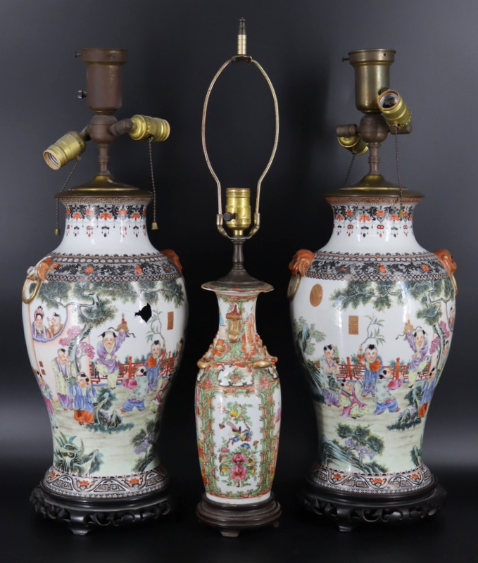 Appraisal: Chinese Enamel Decorated Vases as Lamps Includes a pair of