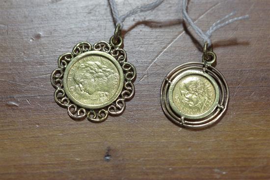 Appraisal: TWO GOLD COINS Both set in bezels Ten franc coin