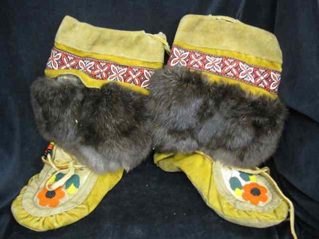 Appraisal: Pair of Indian Beaded Leather Boots fur trim