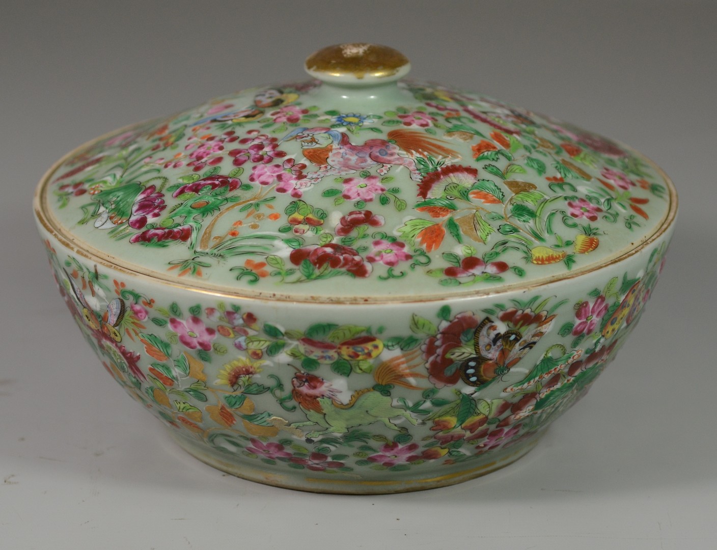 Appraisal: Chinese Famille Rose enameled celadon covered bowl decorated with mythical