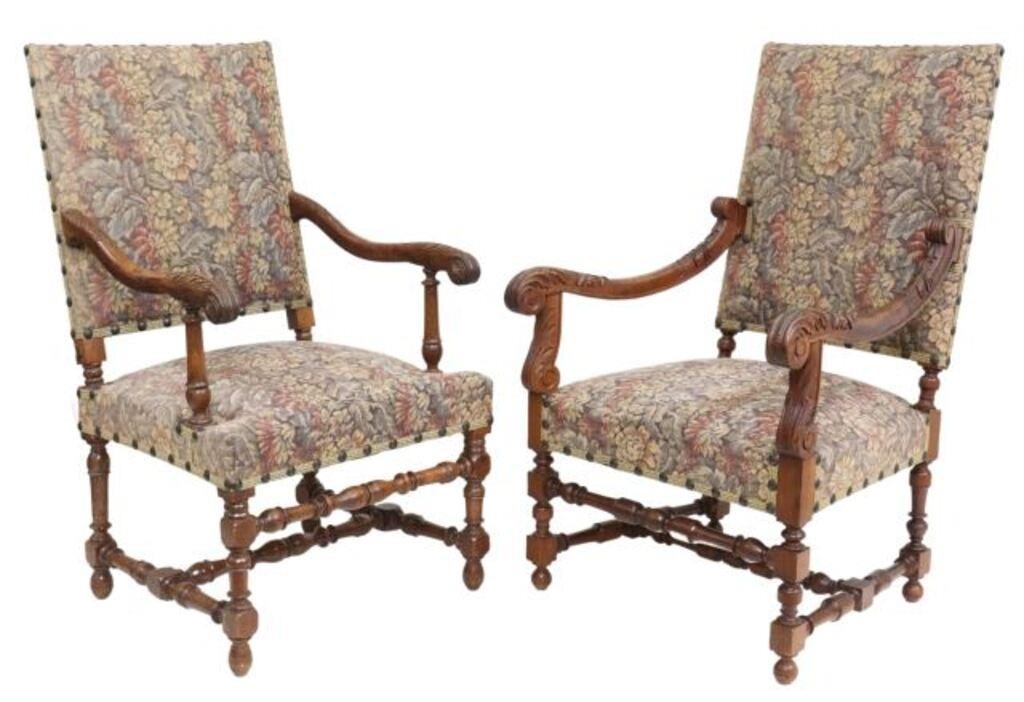 Appraisal: lot of French Louis XIII style armchairs late th early