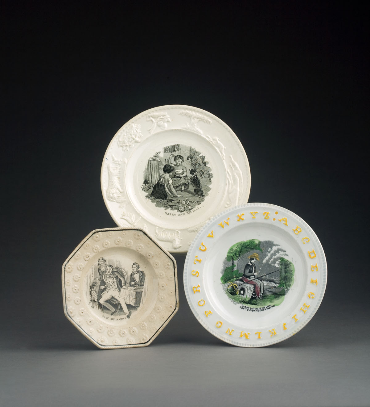 Appraisal: THREE ENGLISH POLYCHROME TRANSFER-PRINTED CHILDREN'S PLATES NINETEENTH CENTURY Each printed