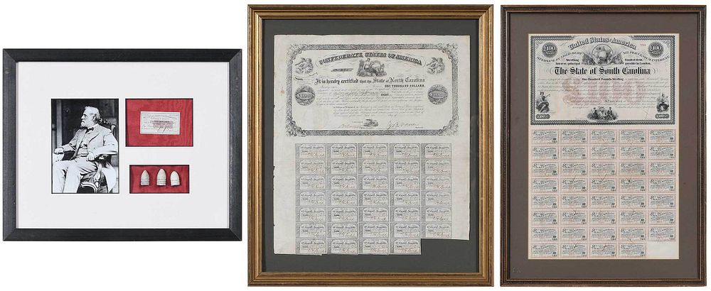 Appraisal: Three Southern Framed Items Civil War Bonds State of South