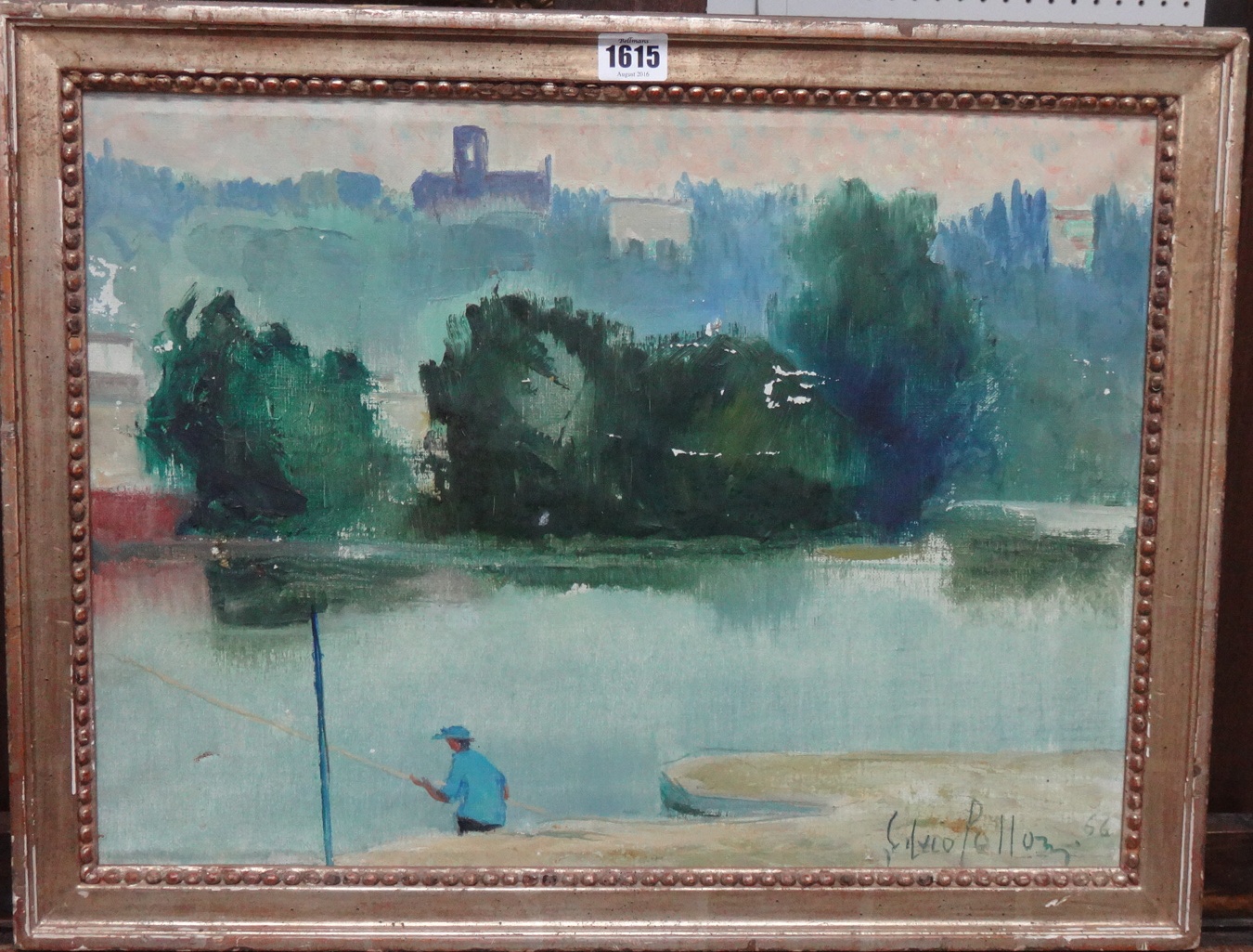 Appraisal: Silvio Polloni - River scene with angler oil on canvas