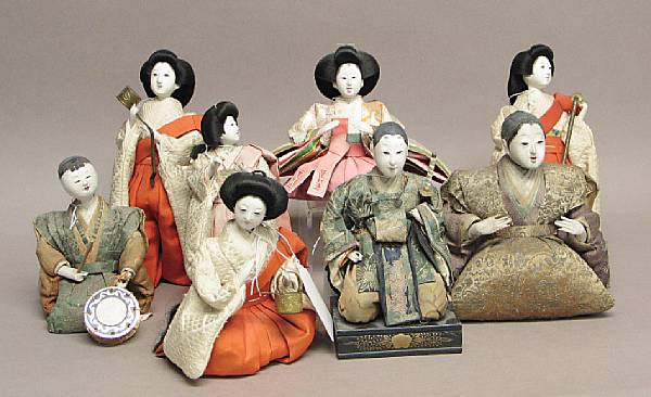 Appraisal: Ten isho-ningyo fashion dolls th th Century Each wearing brocade-patterned