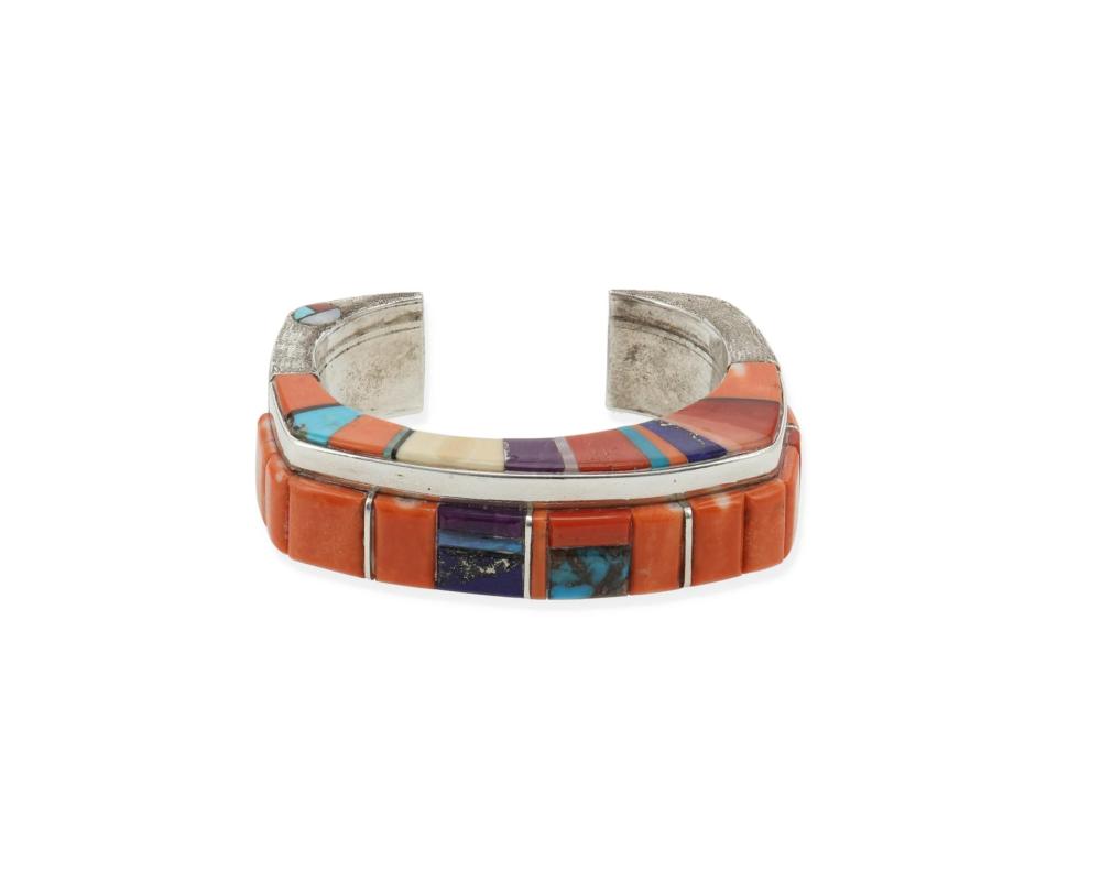 Appraisal: A Wes Willie Navajo mosaic inlay coral cuff bracelet b