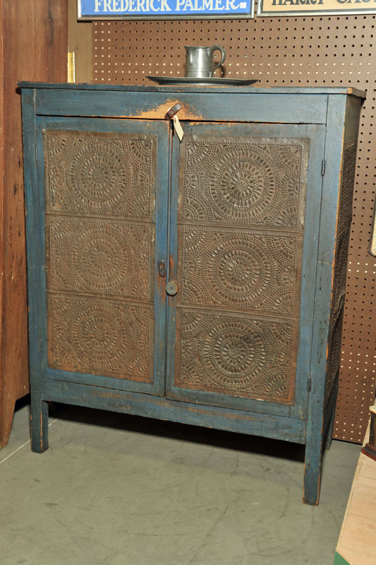 Appraisal: PIE SAFE Old blue painted pie safe with punched tin