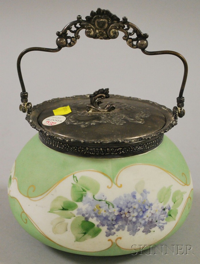 Appraisal: Late Victorian Silver Plate Mounted Hand-painted Hydrangea Decorated Opaque Glass