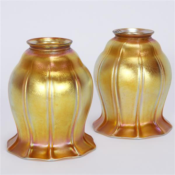 Appraisal: Pair of Quezal Gold Iridescent Art Glass Floriform Lamp Shades