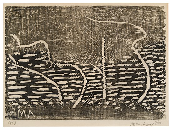 Appraisal: MILTON AVERY Trees by the Sea Woodcut on Japan paper