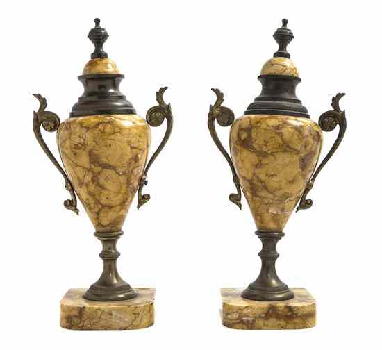 Appraisal: A Pair of Gilt Metal Mounted Sienna Marble Urns each