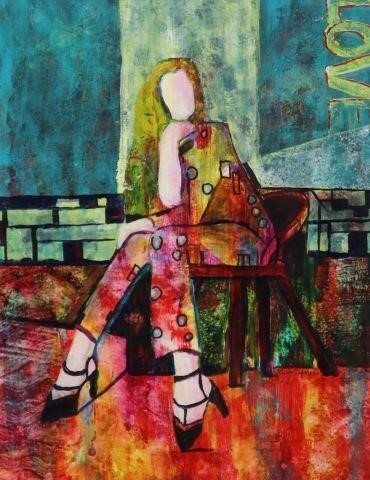 Appraisal: Framed acrylic painting on paper Girl on Chair signed lower