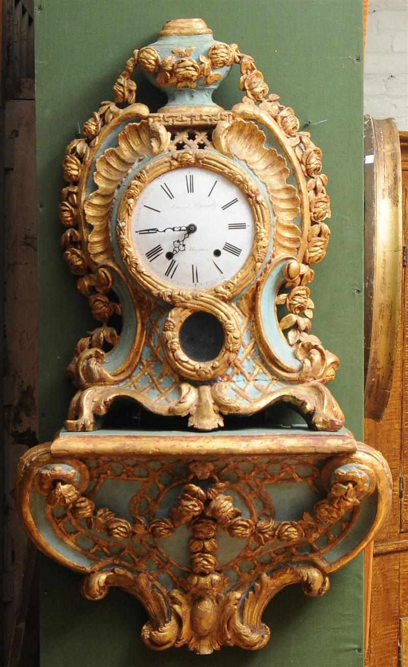 Appraisal: LOUIS XV PROVINCIAL CARVED BLUE-PAINTED AND PARCEL GILT BRACKET CLOCK