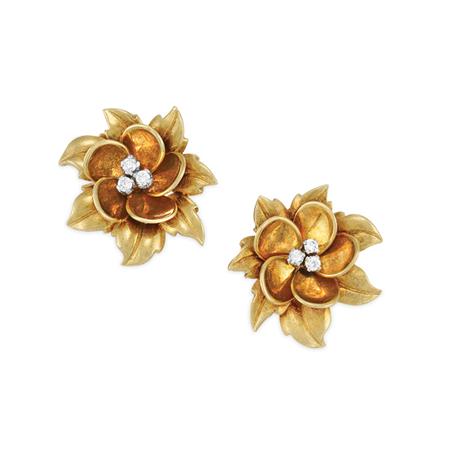 Appraisal: Pair of Gold and Diamond Flower Earclips Estimate -