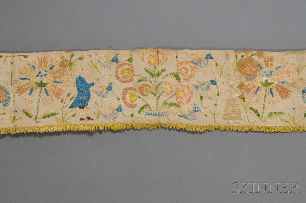 Appraisal: Silk on Linen Floral and Figural Embroidered Valance th century