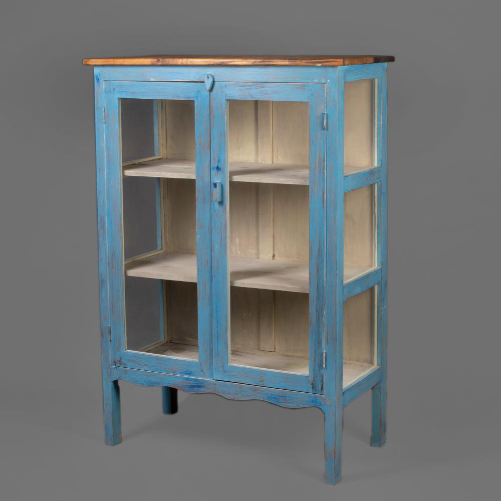 Appraisal: PAINTED BLUE GLASS DISPLAY CABINEThaving glass paneled doors glass sides