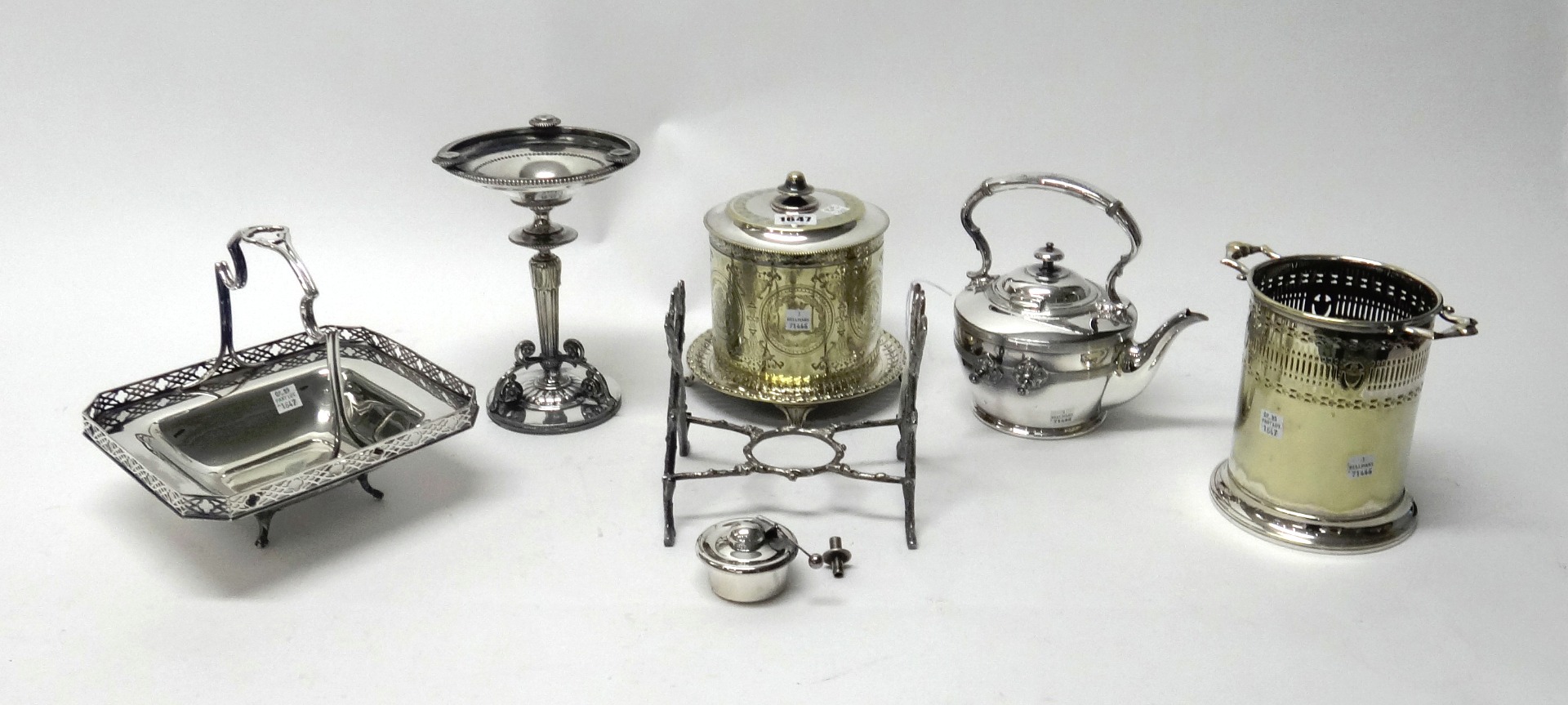 Appraisal: Plated wares comprising a cylindrical hinge lidded biscuit barrel with