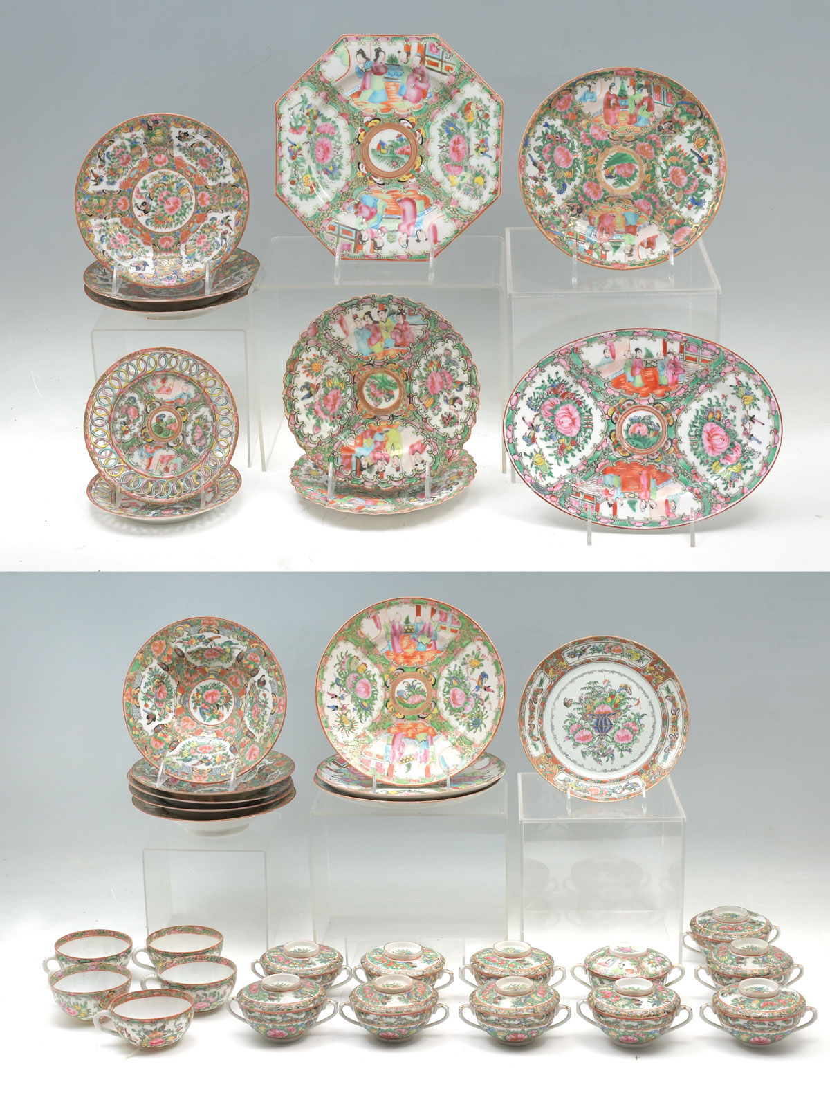 Appraisal: PC COLLECTION OF ROSE MEDALLION CUPS PLATES Comprising Pierced plates