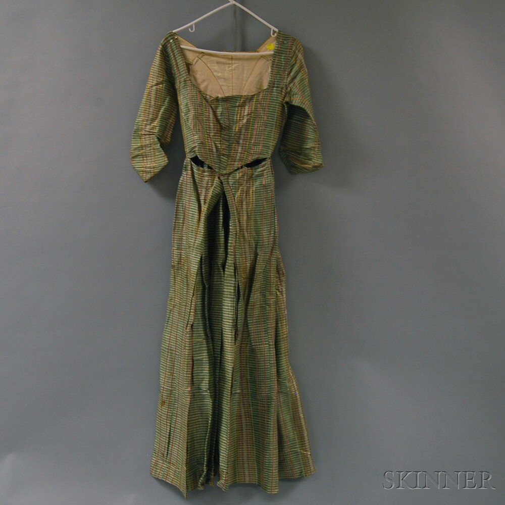 Appraisal: Hand-sewn Green Silk Striped Dress America c with sloping shoulders