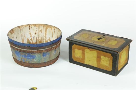 Appraisal: DECORATED BOX AND WOODEN BUCKET American mid th century mixed