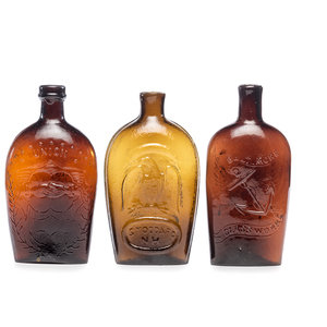 Appraisal: Three Molded Glass Amber Flasks American th Century one circa