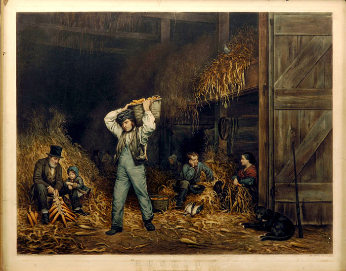 Appraisal: HUSKING Large-folio handcolored lithograph by Currier Ives after Eastman Johnson