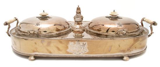 Appraisal: n English Silverplate Warming Stand having two covered entrees and