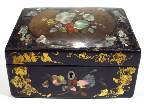 Appraisal: Victorian rectangular papier mach box inlaid with mother of pearl