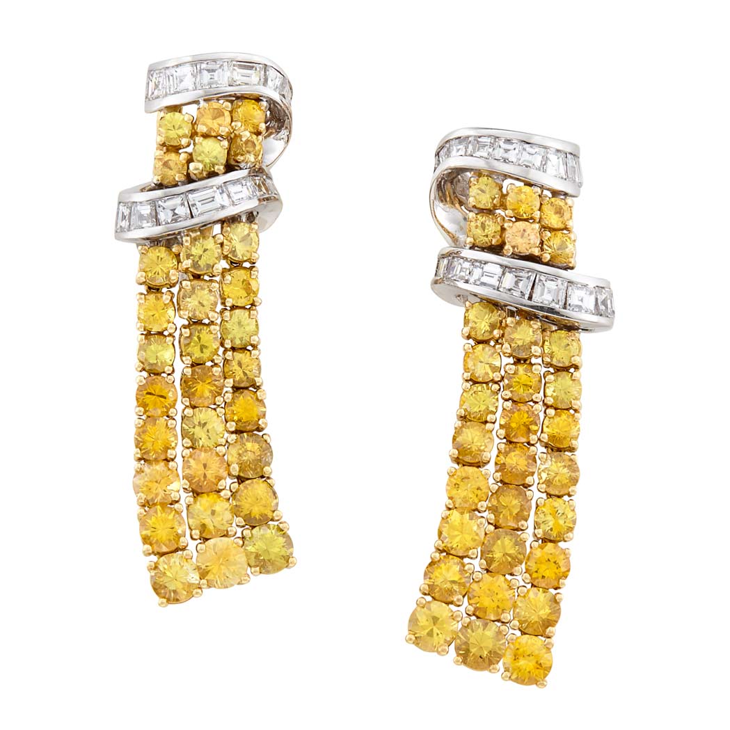 Appraisal: Pair of Two-Color Gold Yellow Sapphire and Diamond Fringe Earclips