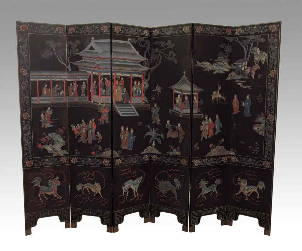 Appraisal: PANEL CARVED PAINTED COROMANDEL SCREEN Carved and painted with villages