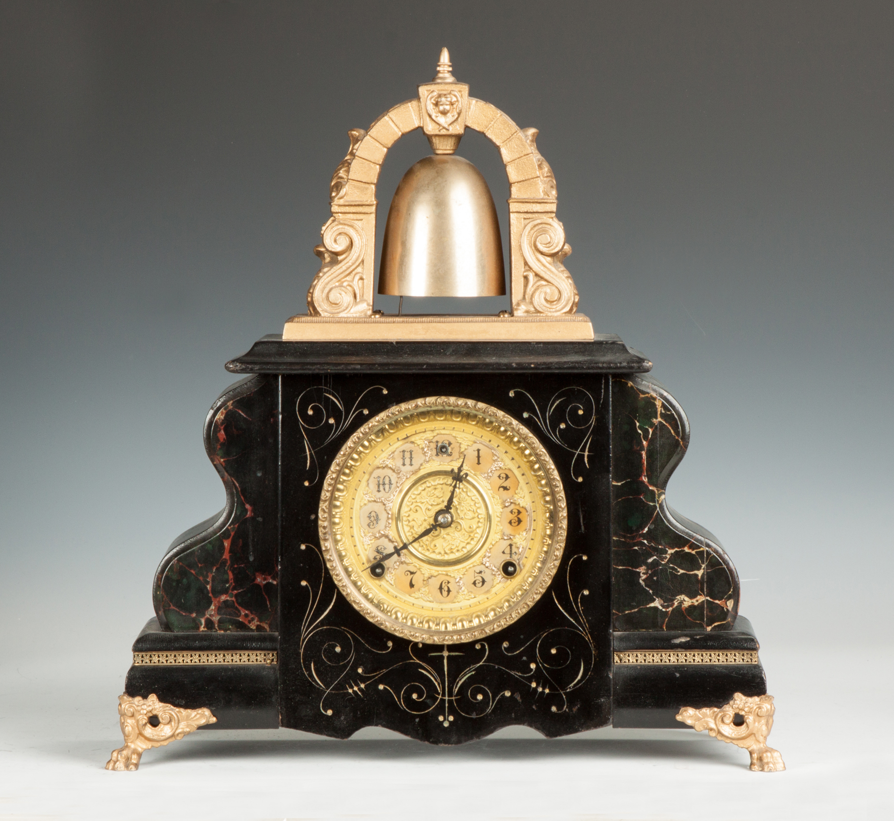 Appraisal: Faux Marble Ebonized Shelf Clock Stamped brass paper dial day