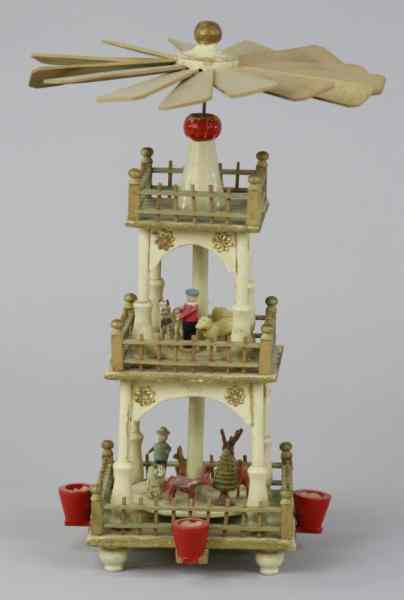 Appraisal: ERZGEBIRGE CHRISTMAS DIORAMA PYRAMID Germany polychrome wood candle powered spinning