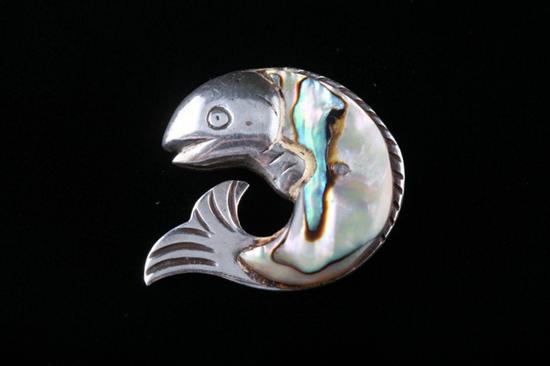 Appraisal: WILLIAM SPRATLING STERLING SILVER AND MOTHER-OF-PEARL INLAID FISH-DESIGN BROOCH Circa