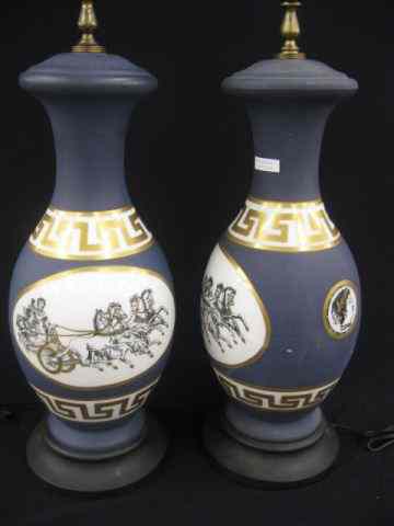 Appraisal: Pair of Opaque Glass Table Lamps chariot greek key decor