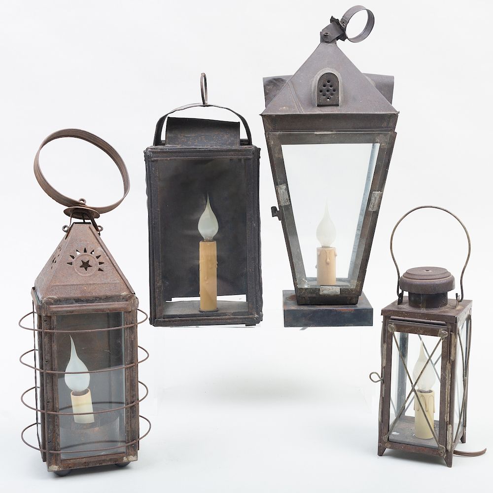 Appraisal: Group of Four Tin and Glass Lanterns All electrified The