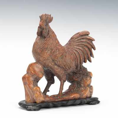 Appraisal: A Carved Hardstone Rooster Intricately carved rooster in a rouge