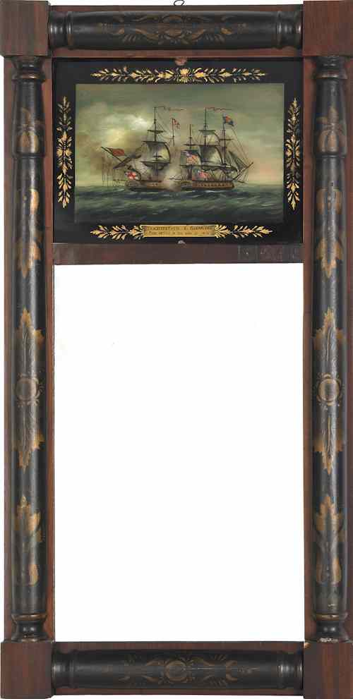 Appraisal: Late Federal painted mirror ca with eglomise naval battle scene